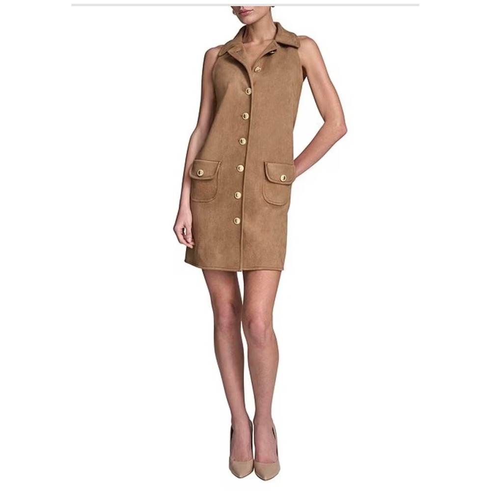 BCBG Faux Suede Sleeveless Dress Notch Collar Button Front Tan NWT Size 2